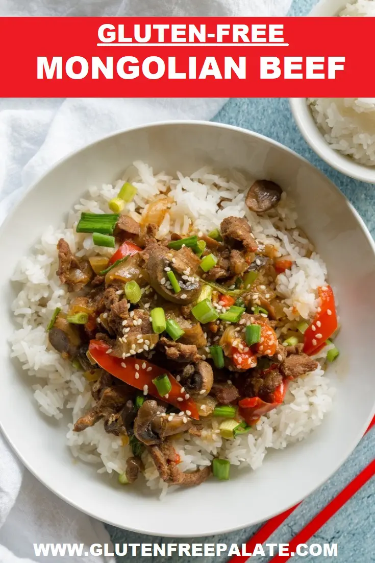a pinterest pin collage of Mongolian beef and vegetables over rice in a white bowl with red chop sticks on the side