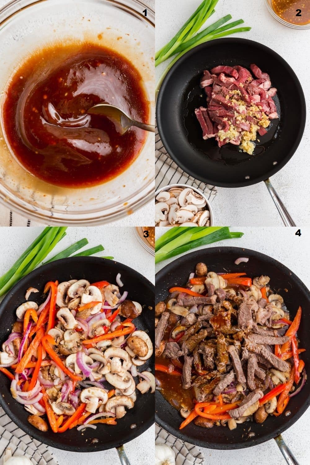 collage of four photos showing the steps to make gluten free Mongolian beef