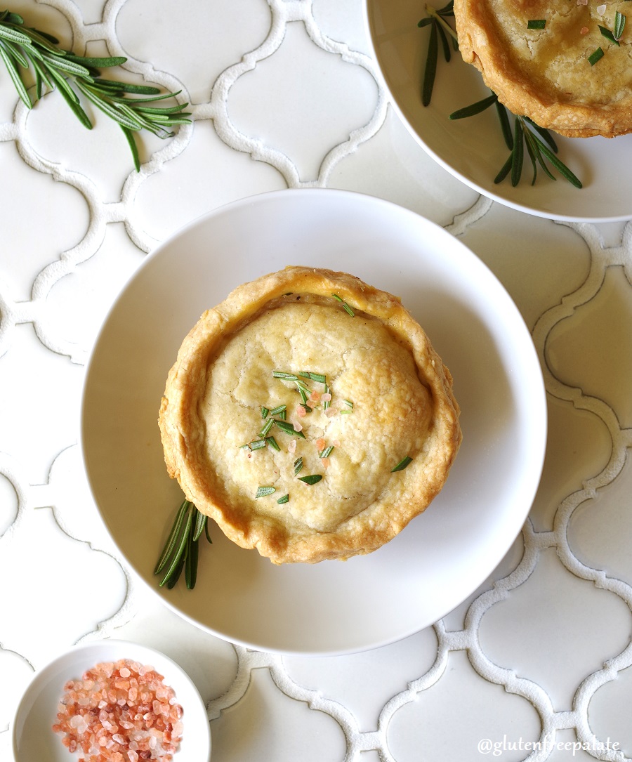 top view of Gluten-Free Chicken Pot Pie on a white plate