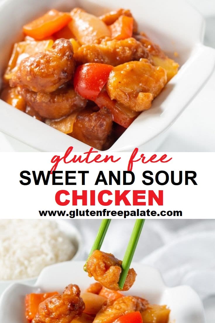 collage photos with Gluten Free Sweet and Sour Chicken in a white dish on top, the words gluten free sweet and sour chicken in the center, a green chopsticks with holding chicken on the bottom