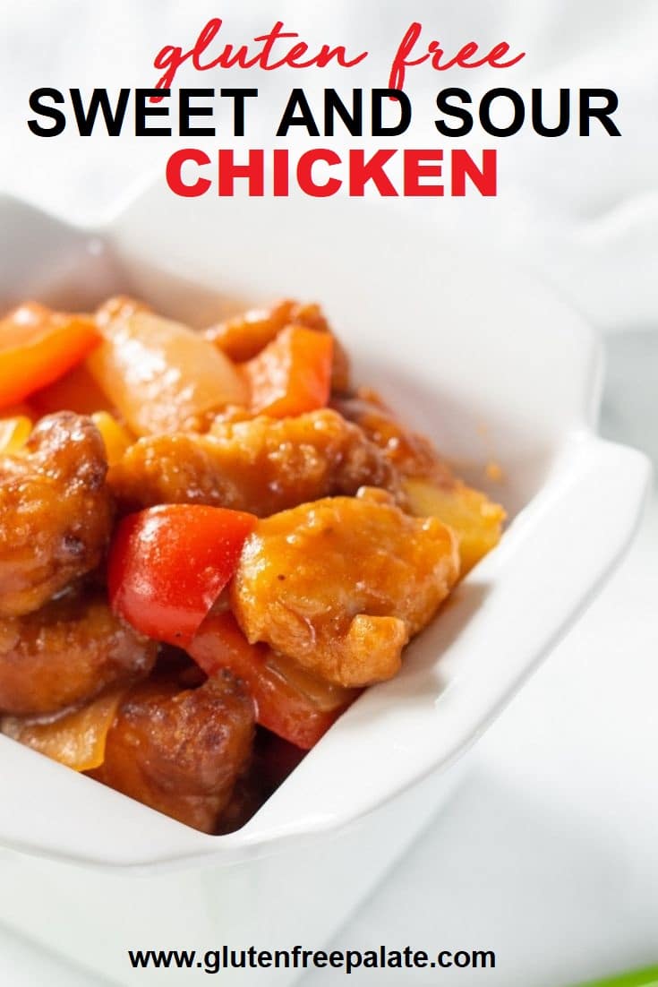 Sweet and Sour Chicken in a white dish with the words gluten free sweet and sour chicken on the top