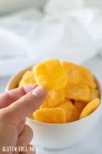a hand holding a gluten-free cheese crackers