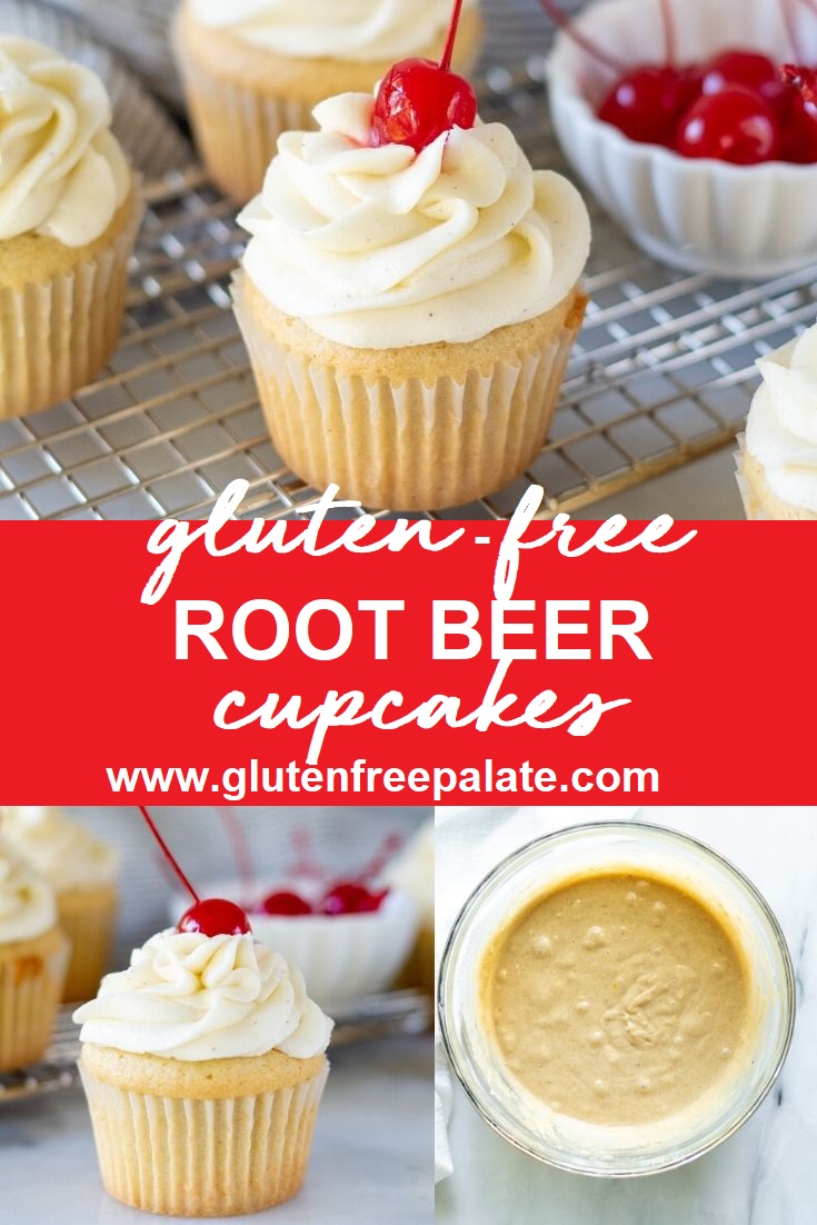 a white Gluten Free Root Beer Cupcake topped with white frosting with a cherry on top and a bowl of red cherries in the background with the words gluten free root beef cupcakes in the center