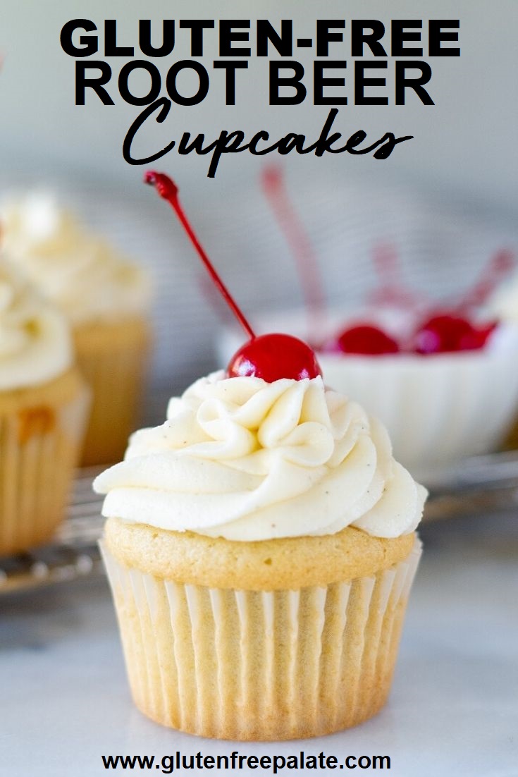a white Gluten Free Root Beer Cupcake topped with white frosting with a cherry on top and a bowl of red cherries in the background with the words gluten free root beef cupcakes in text at the top