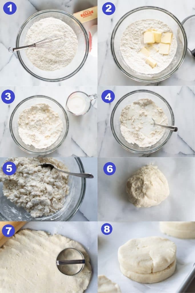 a collage of eight numbered photos showing the steps for making gluten-free biscuits