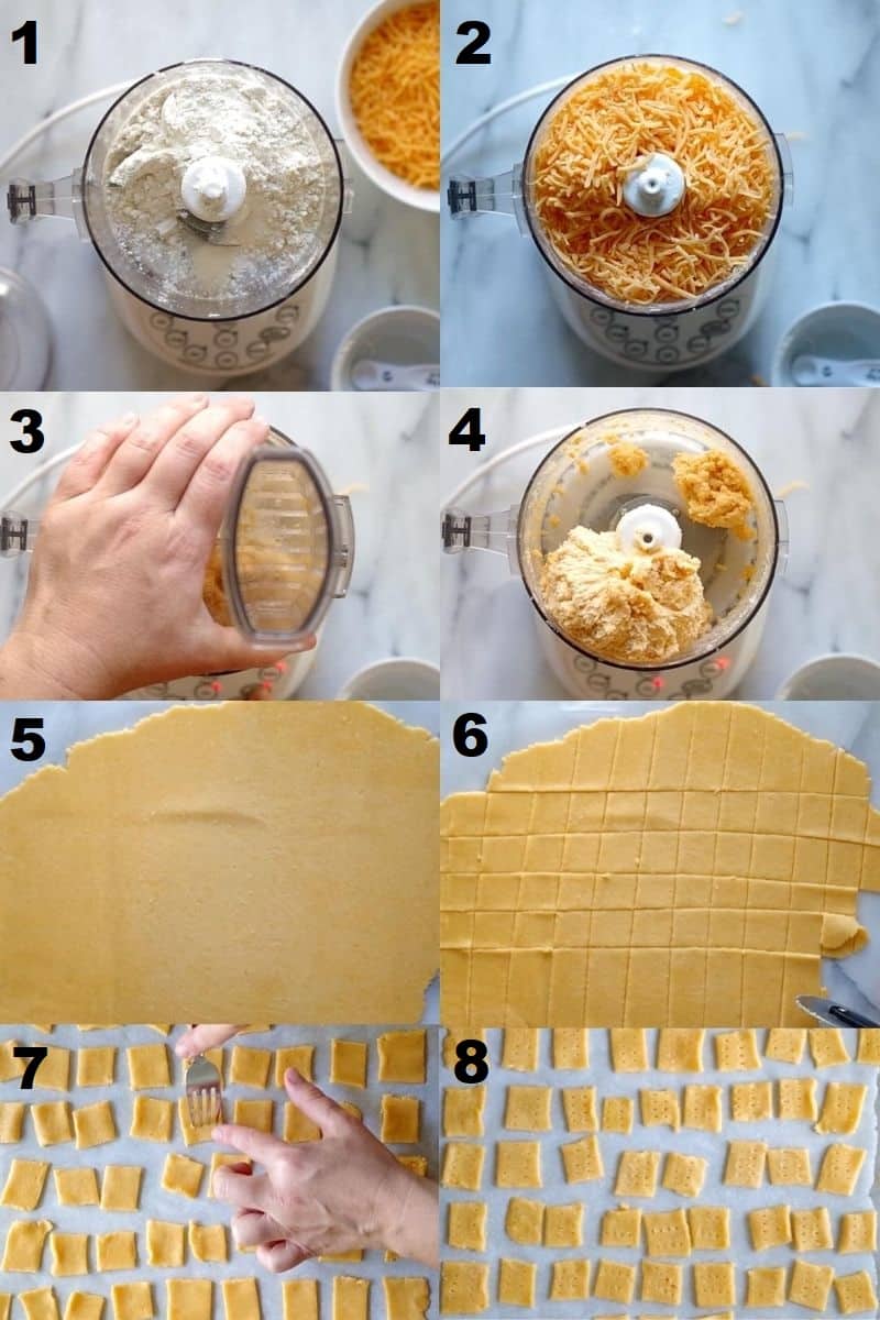 a collage of eight photos showing the steps how to make gluten free cheese crackers
