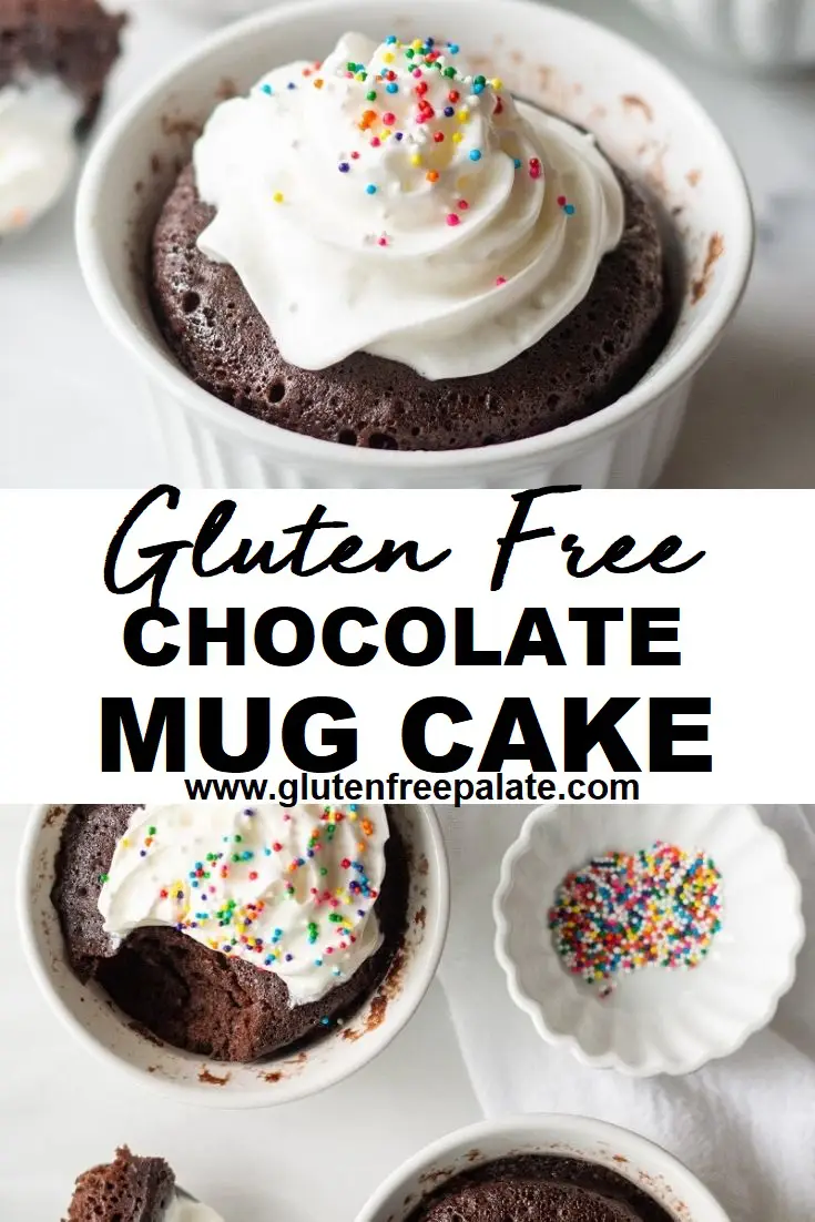 a pinterest pin collage with two photos of mug cakes with the words Gluten-Free Chocolate Mug Cake in text in the center.
