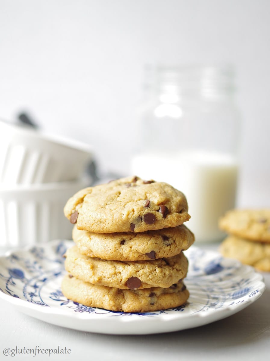 four stacked flour-less Gluten-Free Chocolate Chip Peanut Butter Cookies