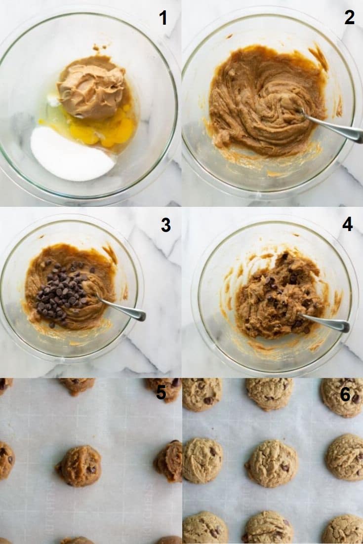 six images in a collage showing the steps on how to make gluten free peanut butter cookies