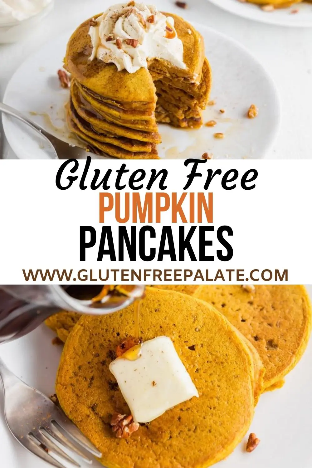 a pinterest pin collage for gluten-free pumpkin pancakes.