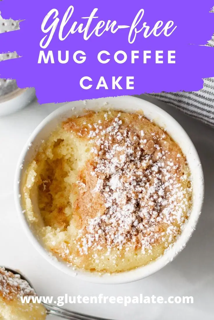 mug coffee cake in a white ramekin with the text overlay gluten free mug coffee cake