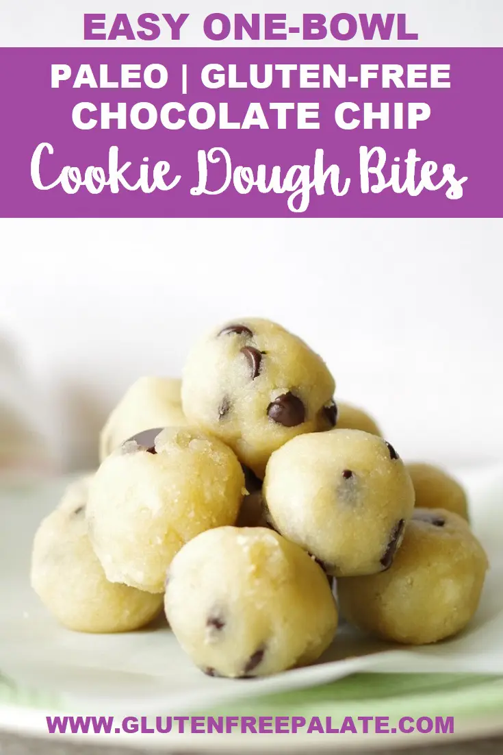 a pinterest collage of a photo of gluten free cookie dough bites stacked on a plate with text at the top