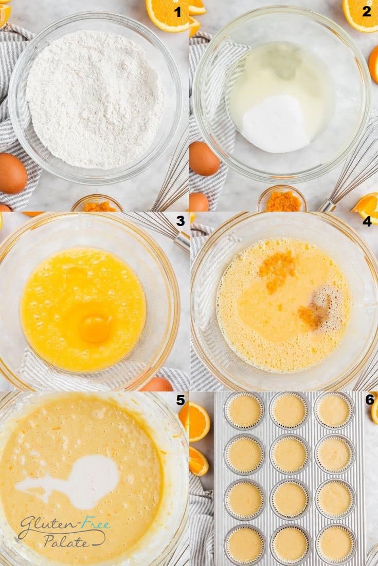 a collage of six photos showing the steps to make gluten free orange cupcakes