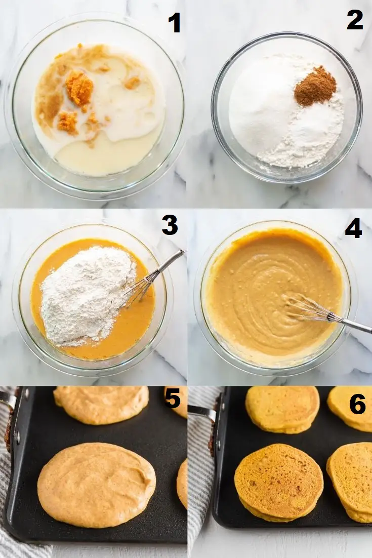 a collage of six photos showing the steps how to make gluten-free pumpkin pancakes.
