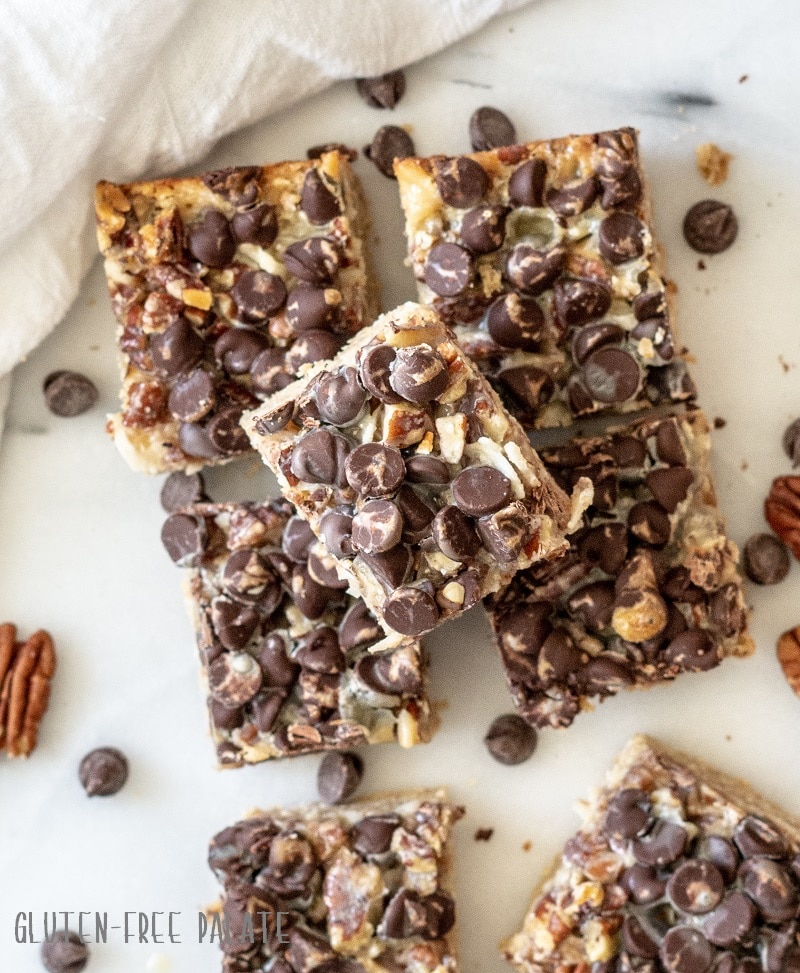top down view of gluten-free 7 layer bars stacked