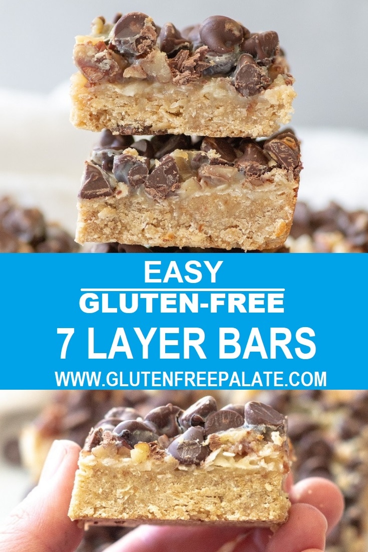 a collage of two photos of bars with the words easy gluten-free 7 later bars in text in the center