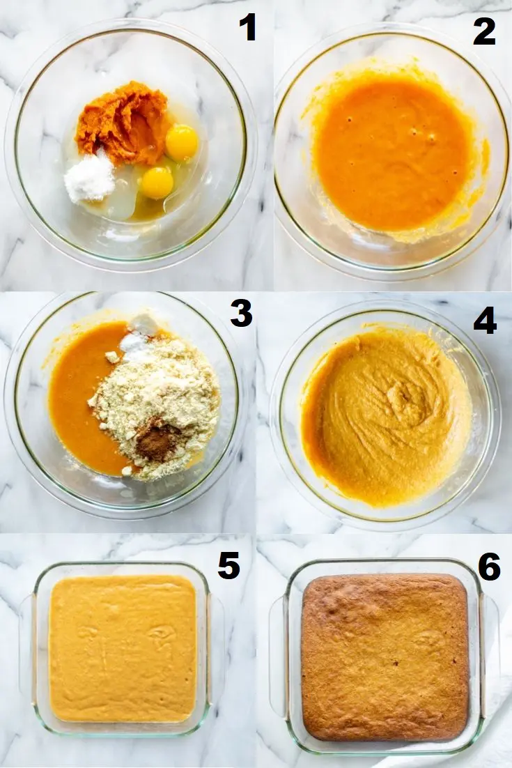 a collage of six numbered photos showing the steps how to make paleo pumpkin bars, the numbered photos match the numbered steps below