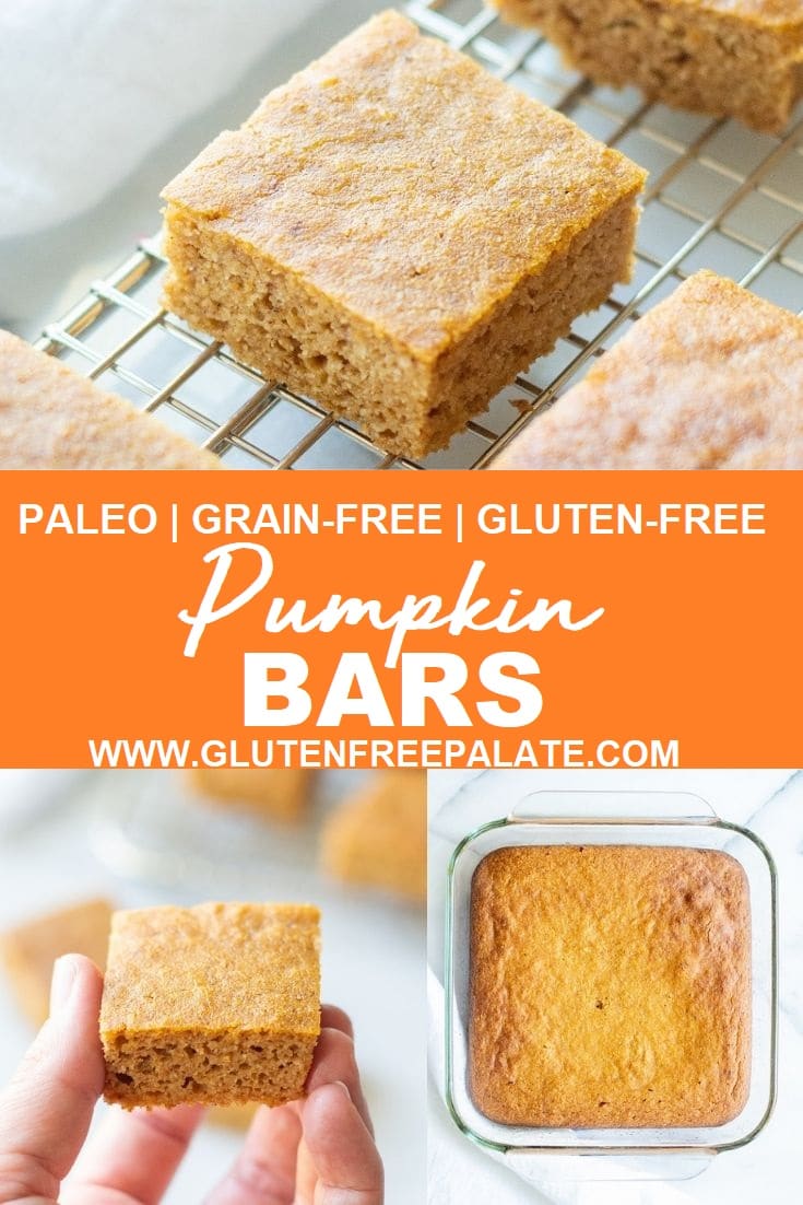 collage photo of three images, one with a pumpkin bar on a wire rack the other with pumpkin bars in a glass baking dish, one with a hand holding a pumpkin bar, the words paleo grain-free gluten-free pumpkin bars typed in the center