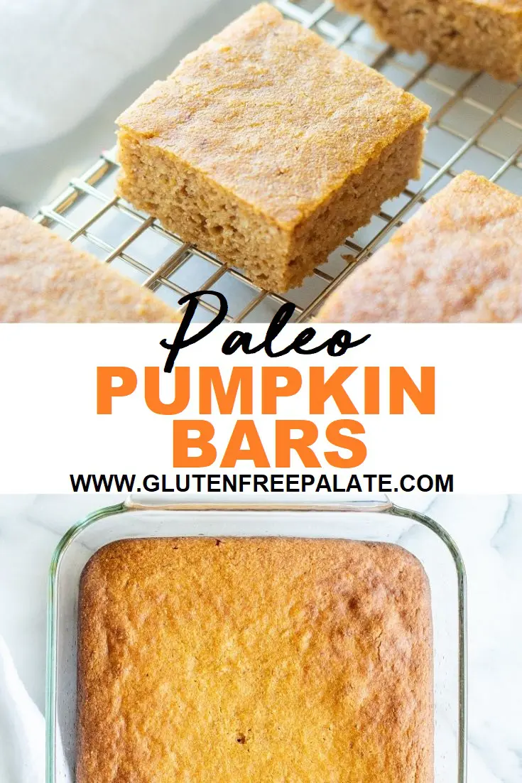 collage photo of two images, one with a pumpkin bar on a wire rack the other with pumpkin bars in a glass baking dish, the words paleo pumpkin bars typed in the center