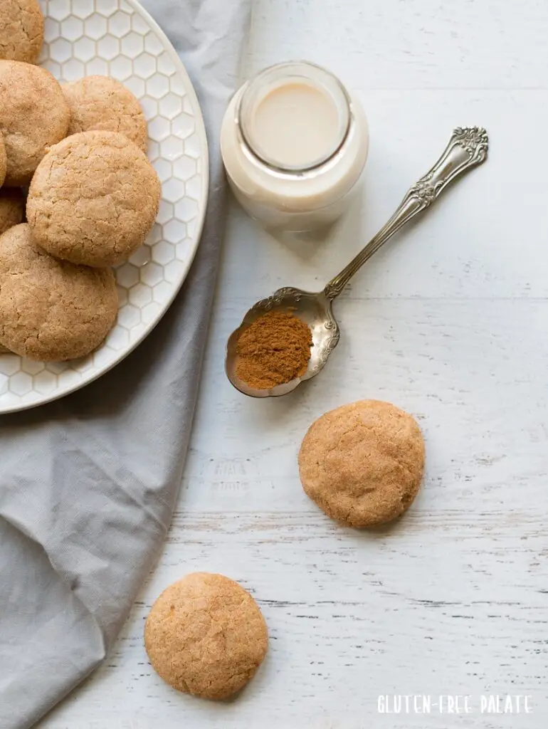 two paleo snickerdoodle cookies next to a plate of cookies and a spoon of cinnamon