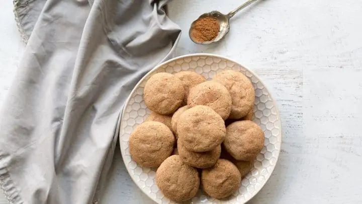 a plate of gluten-free, dairy-free, grain-free snickerdoodles topped with cinnamon
