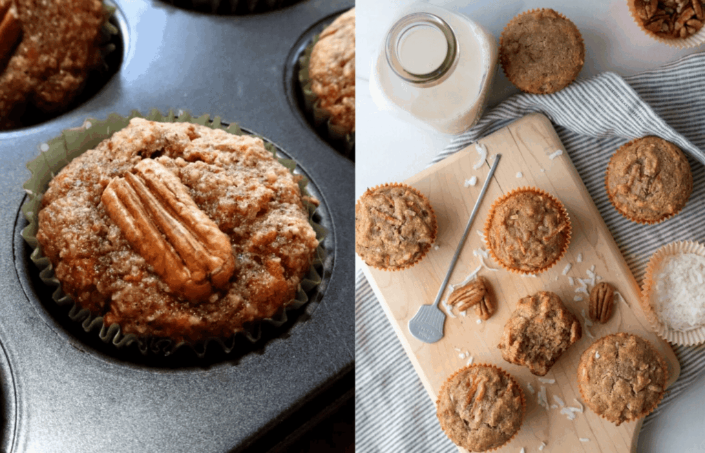 Side by side photos of carrot cake muffins that are gluten-free, dairy free, and made without refined sugar.