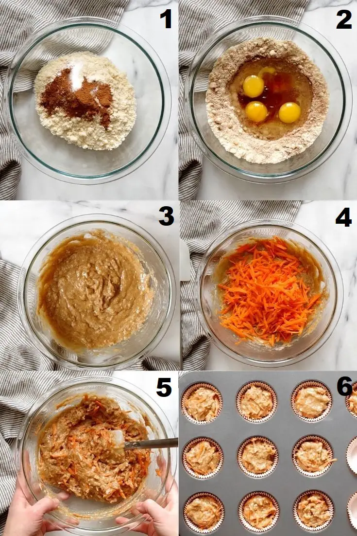 a collage of six photos showing how to make paleo carrot muffins