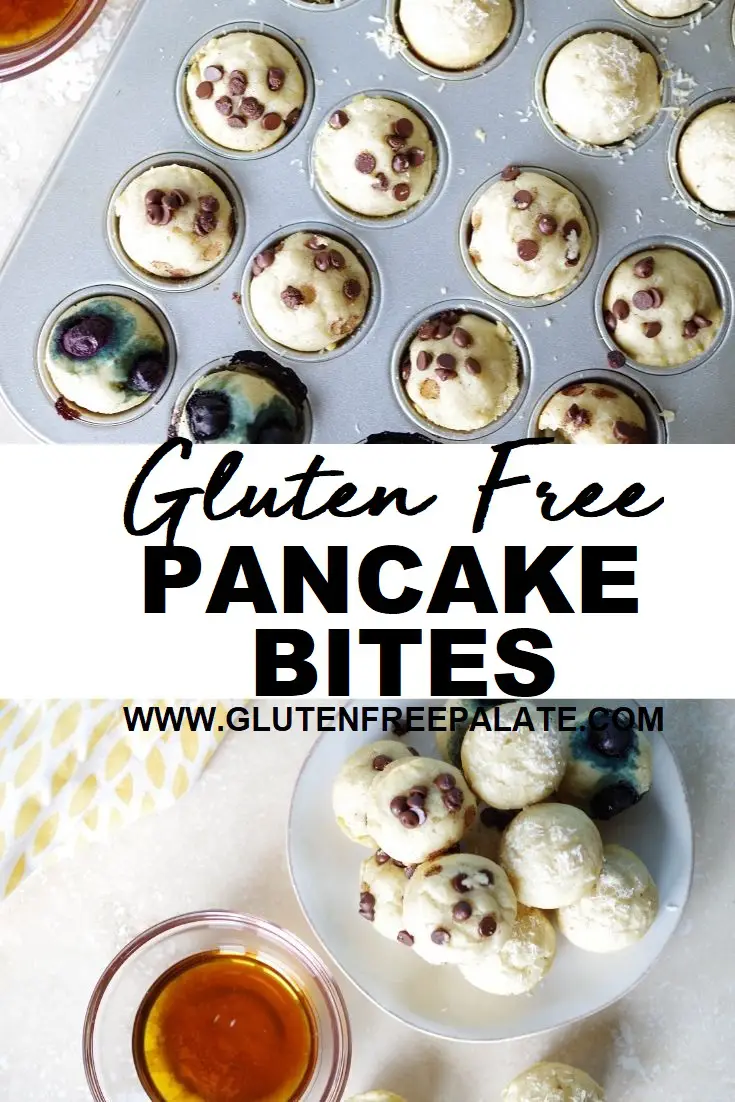 a pinterest pin collage of two photos of pancake bites with the text gluten free pancake bites in text in the center