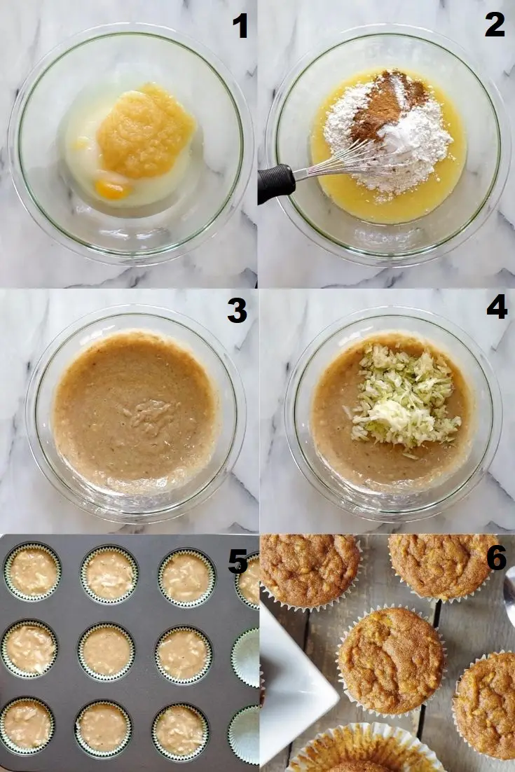 a collage of six photos showing the steps to make gluten free apple muffins
