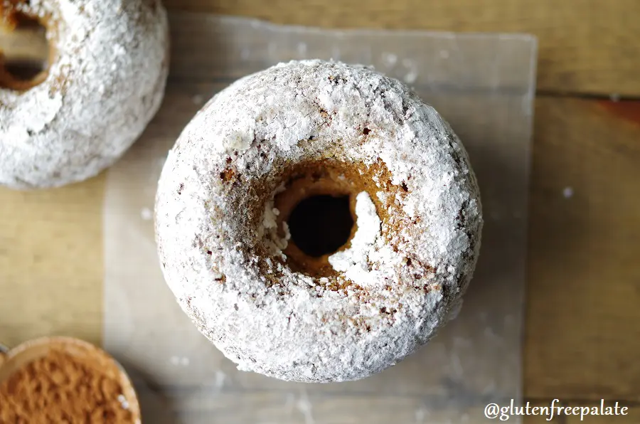 a top down view of a gingerbread donut coated in powdered sugar