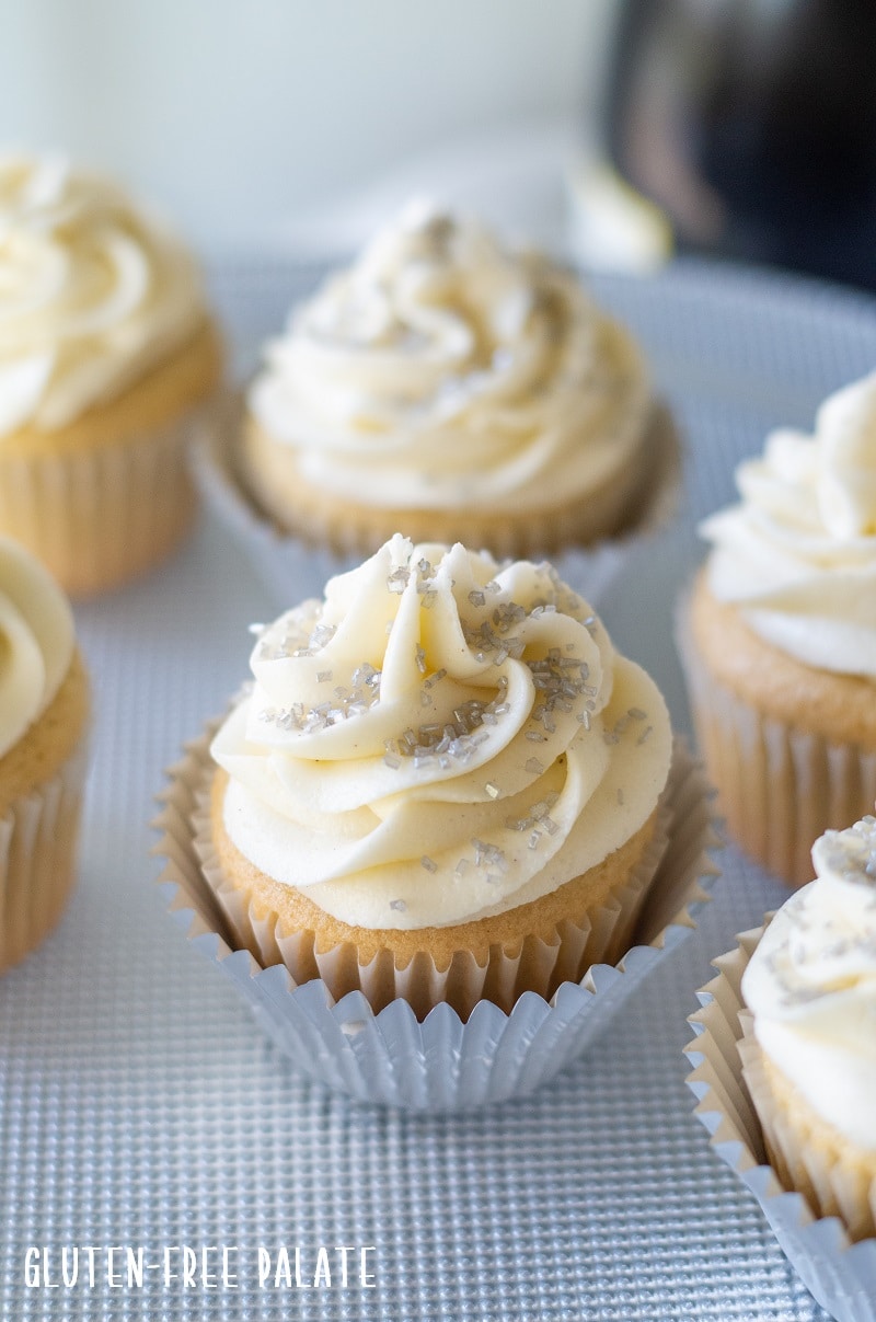 Gluten Free Champagne Cupcakes with silver sprinkles