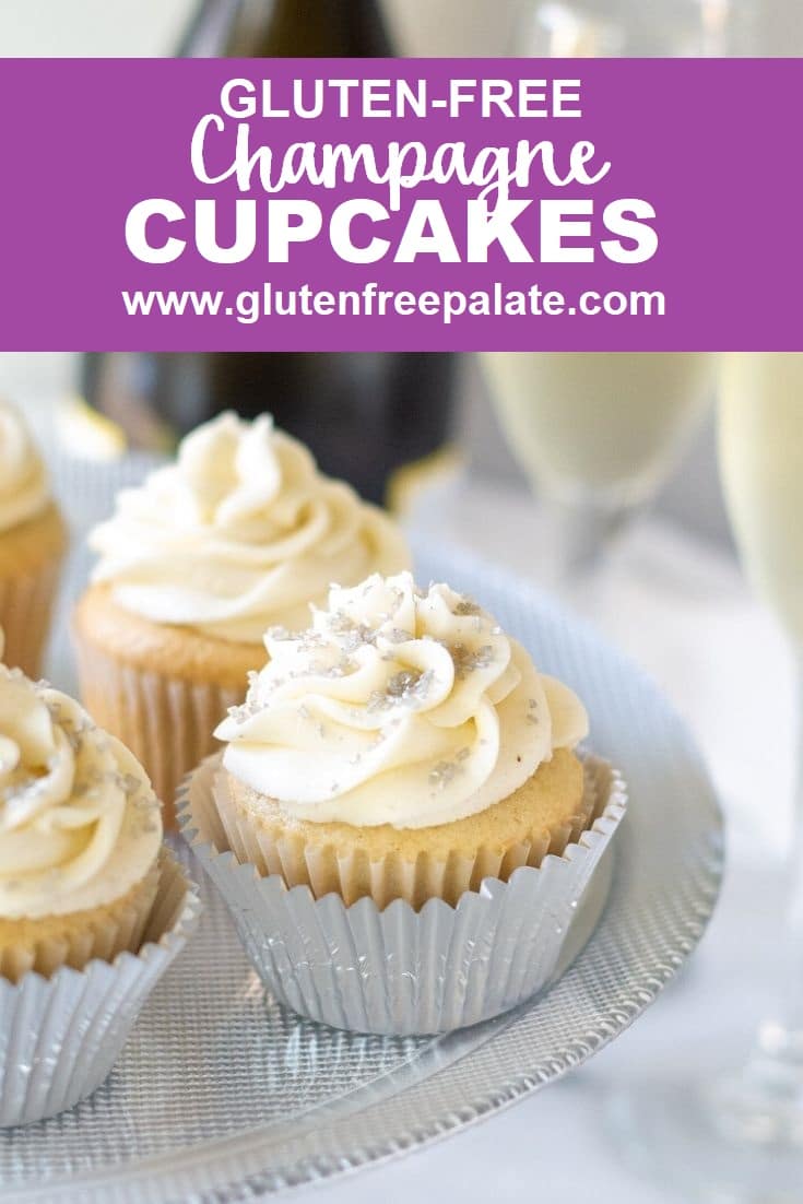 a pinterest pin collage of cupcakes with champagne glasses in the background, with the words gluten-free champagne cupcakes in text at the top
