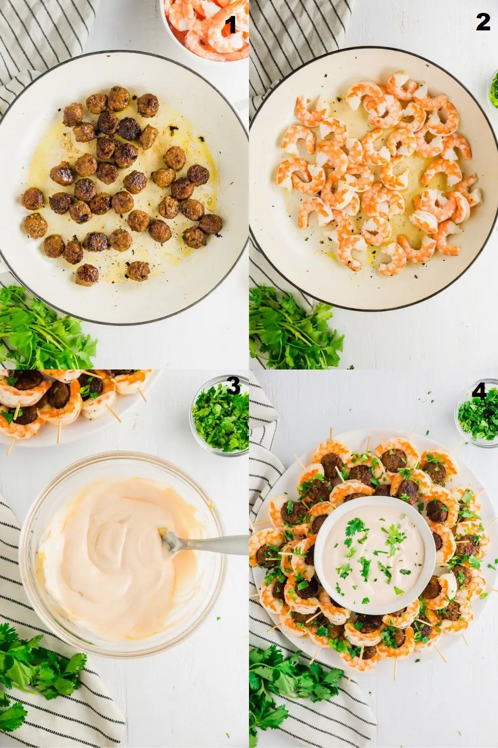 a collage of four photos showing how to make Shrimp Sausage Appetizers