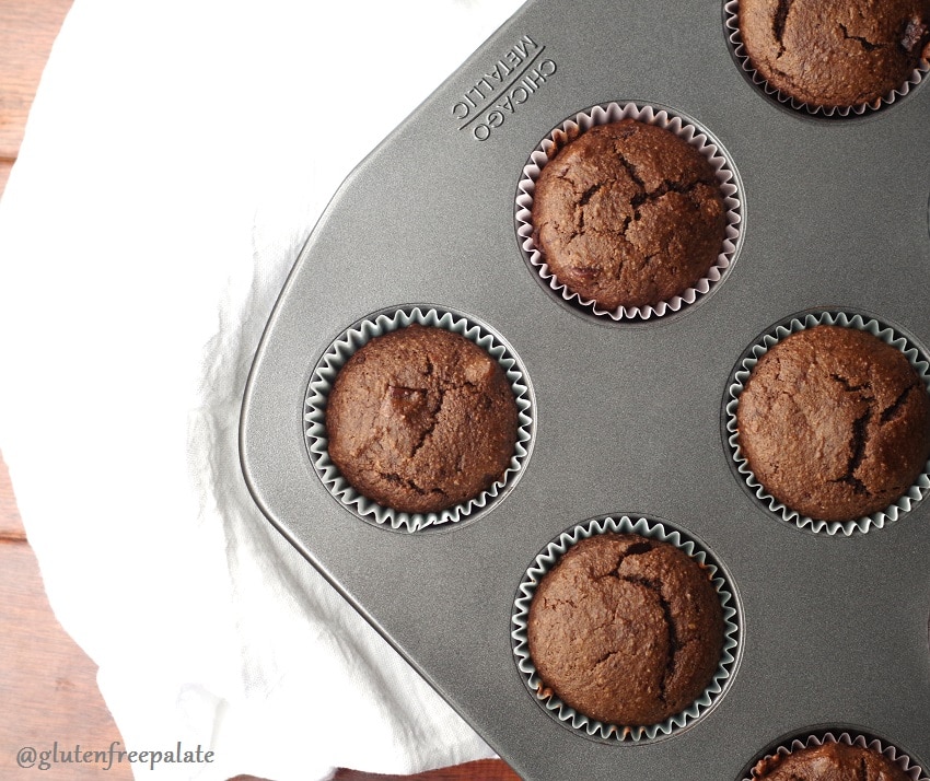 top down view of gluten free chocolate muffins in a muffin pan