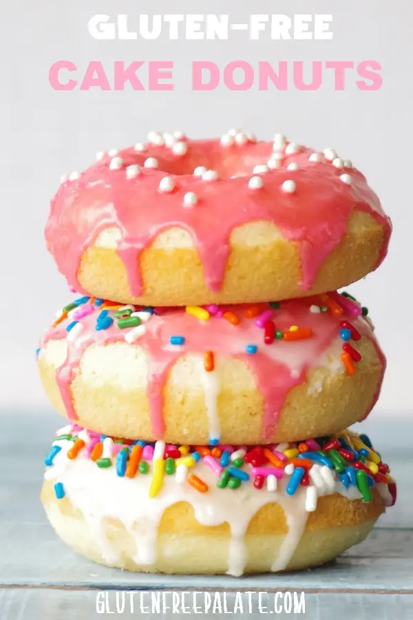 a pinterest pin with three gluten free donuts stacked, with the words gluten free cake donuts in text at the top