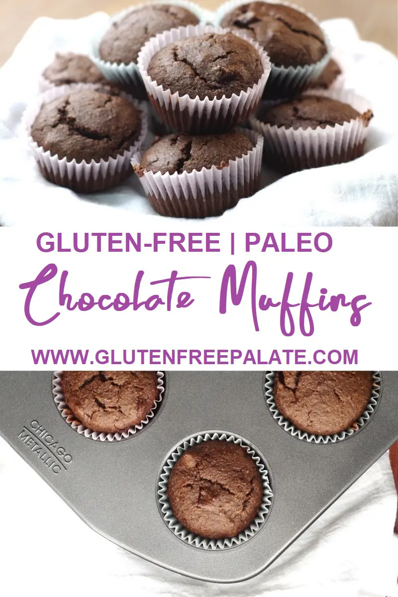 a pinterest pin collage of two photos of chocolate muffins with the words gluten-free paleo chocolate muffins in text in the center
