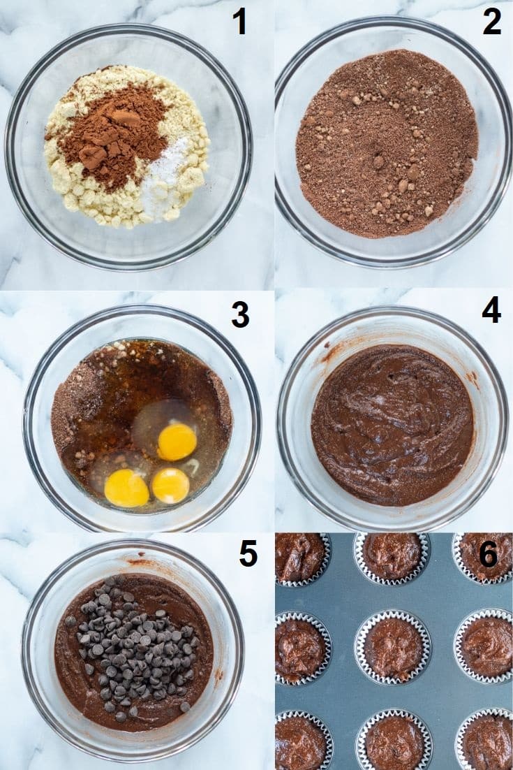 a collage of six photos showing how to make paleo chocolate muffins
