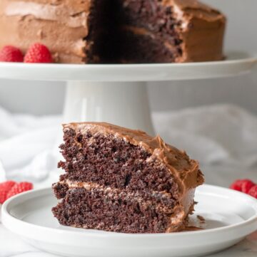 slice of gluten-free chocolate cake on a white plate