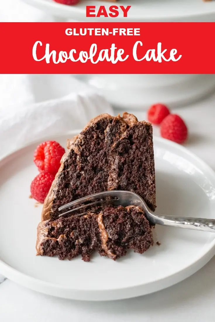 a pinterest pin with a photo of a slice of gluten free chocolate cake on a white plate with a fork and raspberries