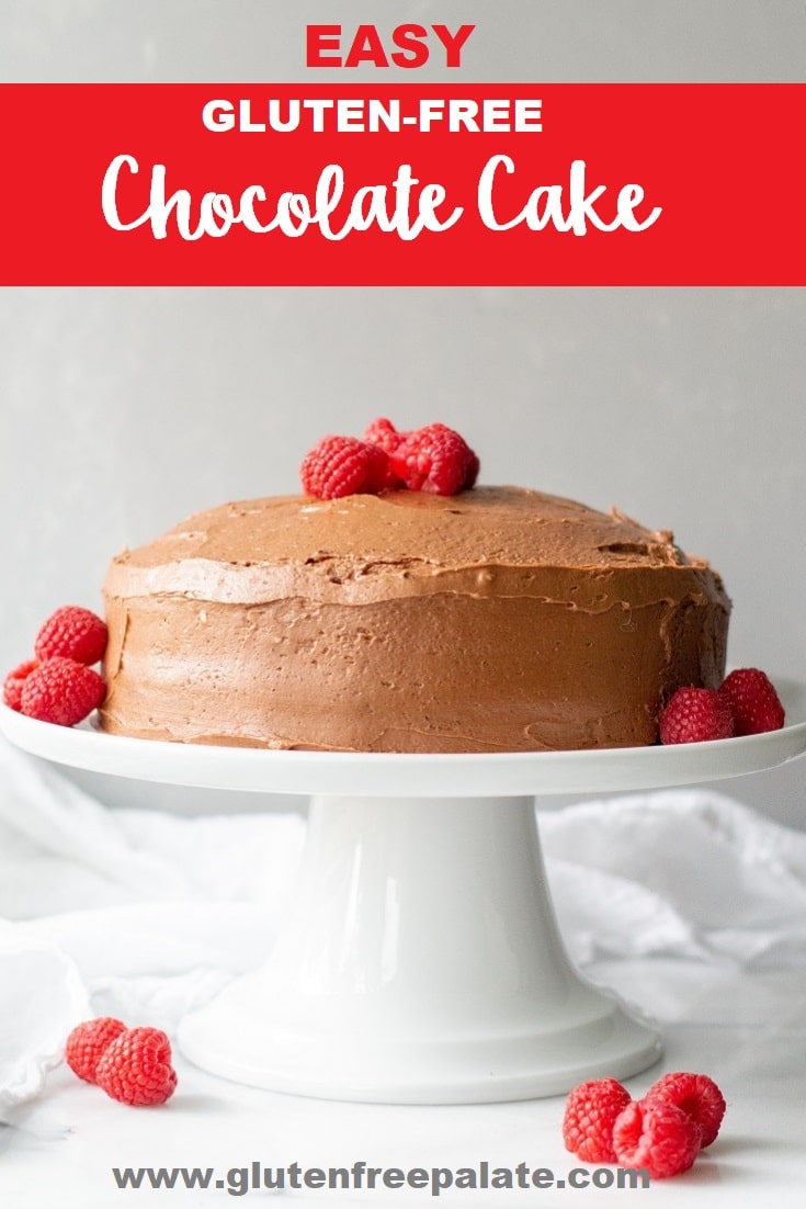 a pinterest pin with a photo of a chocolate cake on a white cake stand with the words easy gluten-free chocolate cake in text at the top