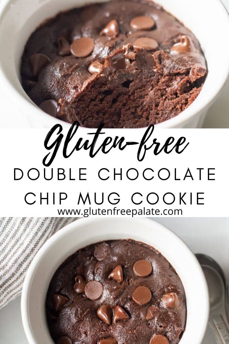 a pinterest pin collage of two photos of a mug cookie with the words gluten-free double chocolate chip mug cookie in text in the center