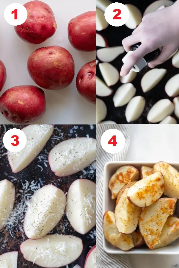 a collage of four photos showing the steps for making roasted red potatoes