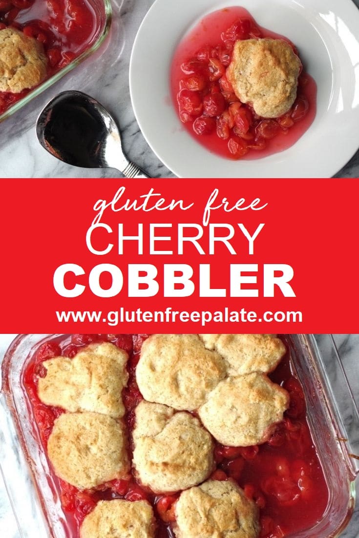 a pinterst pin collage with two photos of cobbler with the words gluten free cherry cobbler in text in the center
