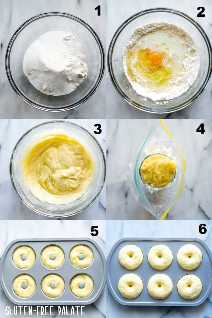 a collage of six photos showing how to make gluten free lemon donuts
