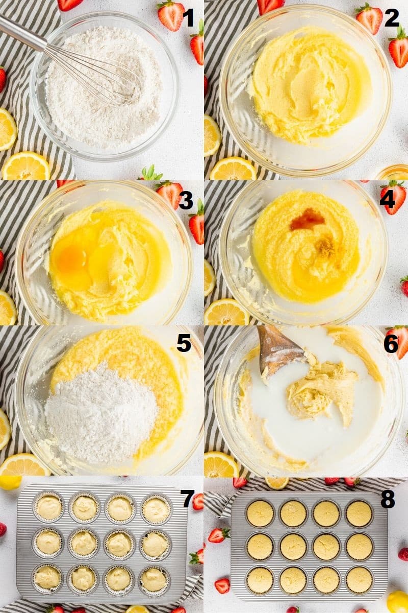 a collage of eight photos showing the steps to make gluten-free strawberry cupcakes