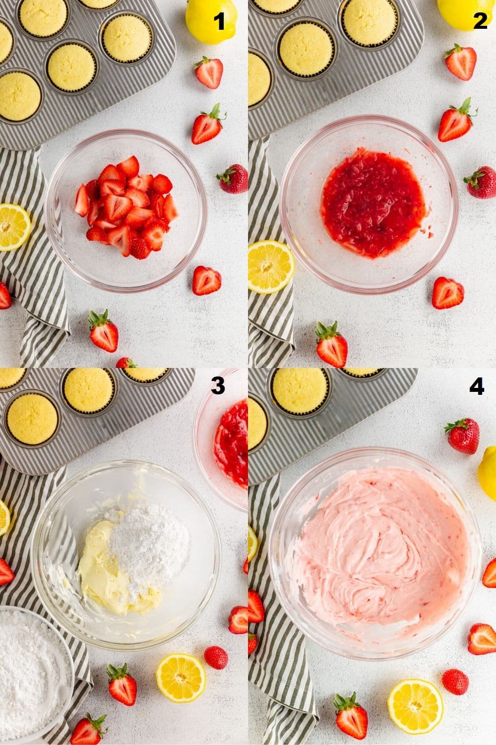 a collage of four photos showing the steps to make gluten-free strawberry cupcakes, strawberry frosting
