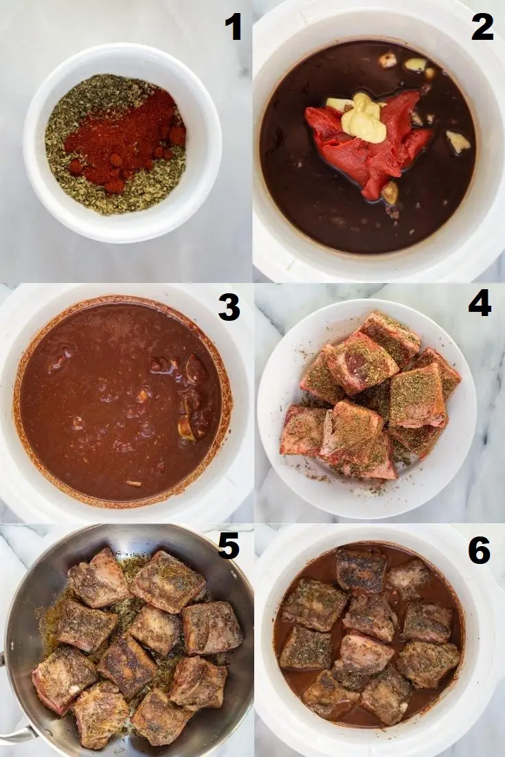 a collage of six photos showing the steps to make slow cooker short ribs