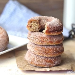 a close up of four Gluten-Free Cinnamon Sugar Donuts stacked, the top one has a bite take out to show the texture
