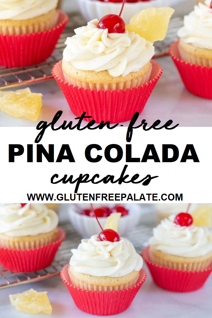 Gluten Free Pina Colada Cupcakes with a cherry on top pinterest pin