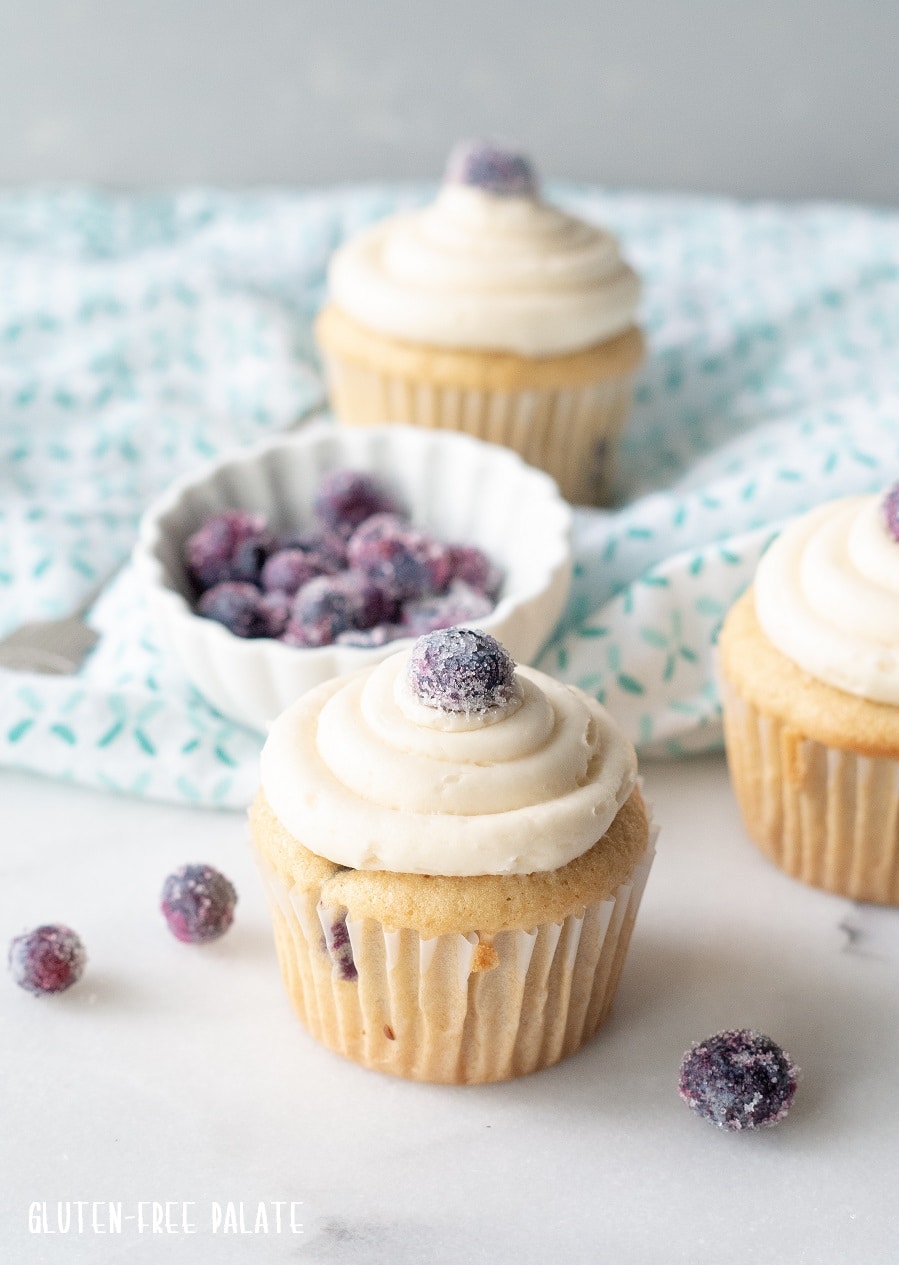 a side view of a a blueberry cupcake with white frosting and a sugared blueberry on top